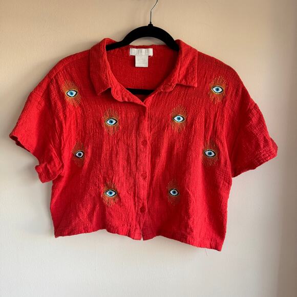 LIFE Evil Eye Embroidered Crop Top Red Collared Button Front Short Sleeve Sz L - Picture 1 of 5